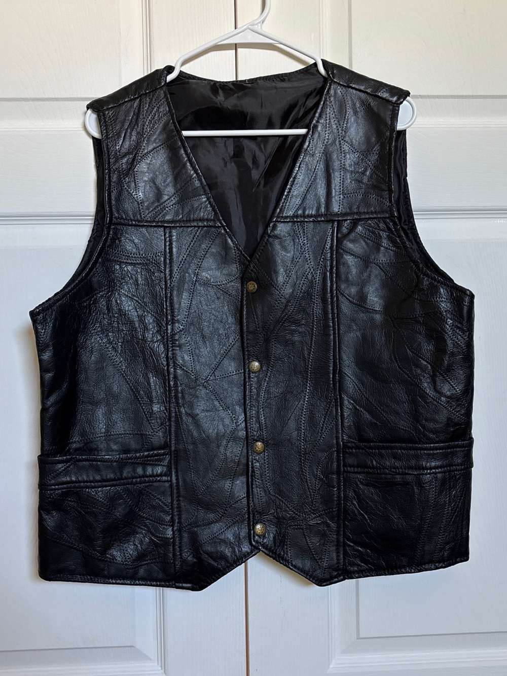 Men’s Black Pig Leather Patchwork Vest Snap Front L Biker Western Lined